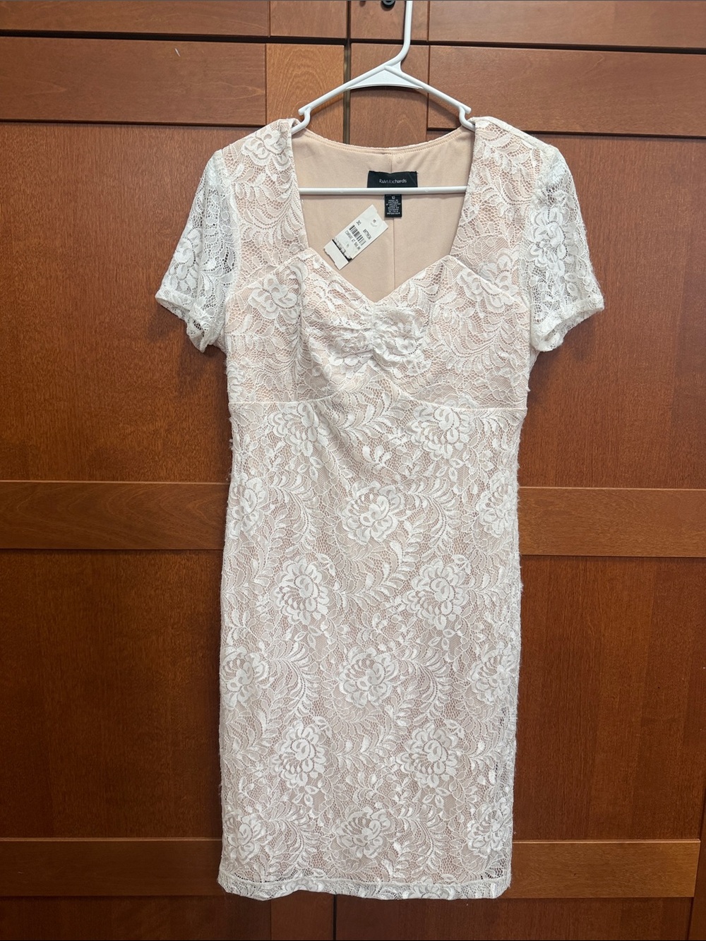 R & M Richards White Lace Overlay Midi Dress with Nude Lining